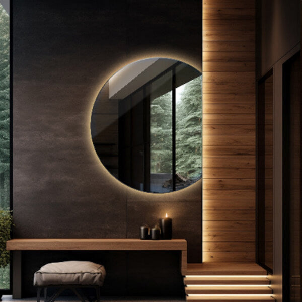 Полукръгло огледало с LED осветление, подходящо за всяка стая – модерен и универсален дизайн за антре, спалня, баня или дневна.